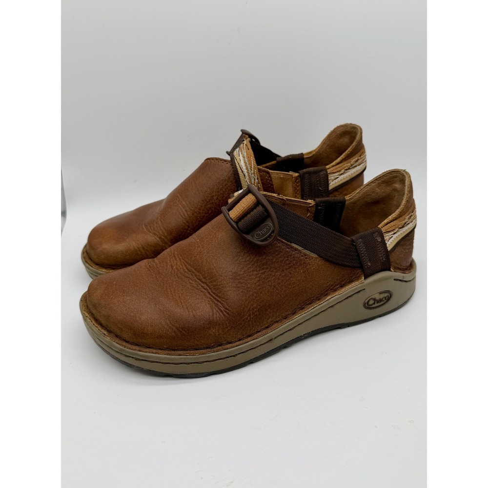 Chaco Women 7.5 Brown Leather Slip On Pedshed Clogs Vibram Sole Adjustable Strap